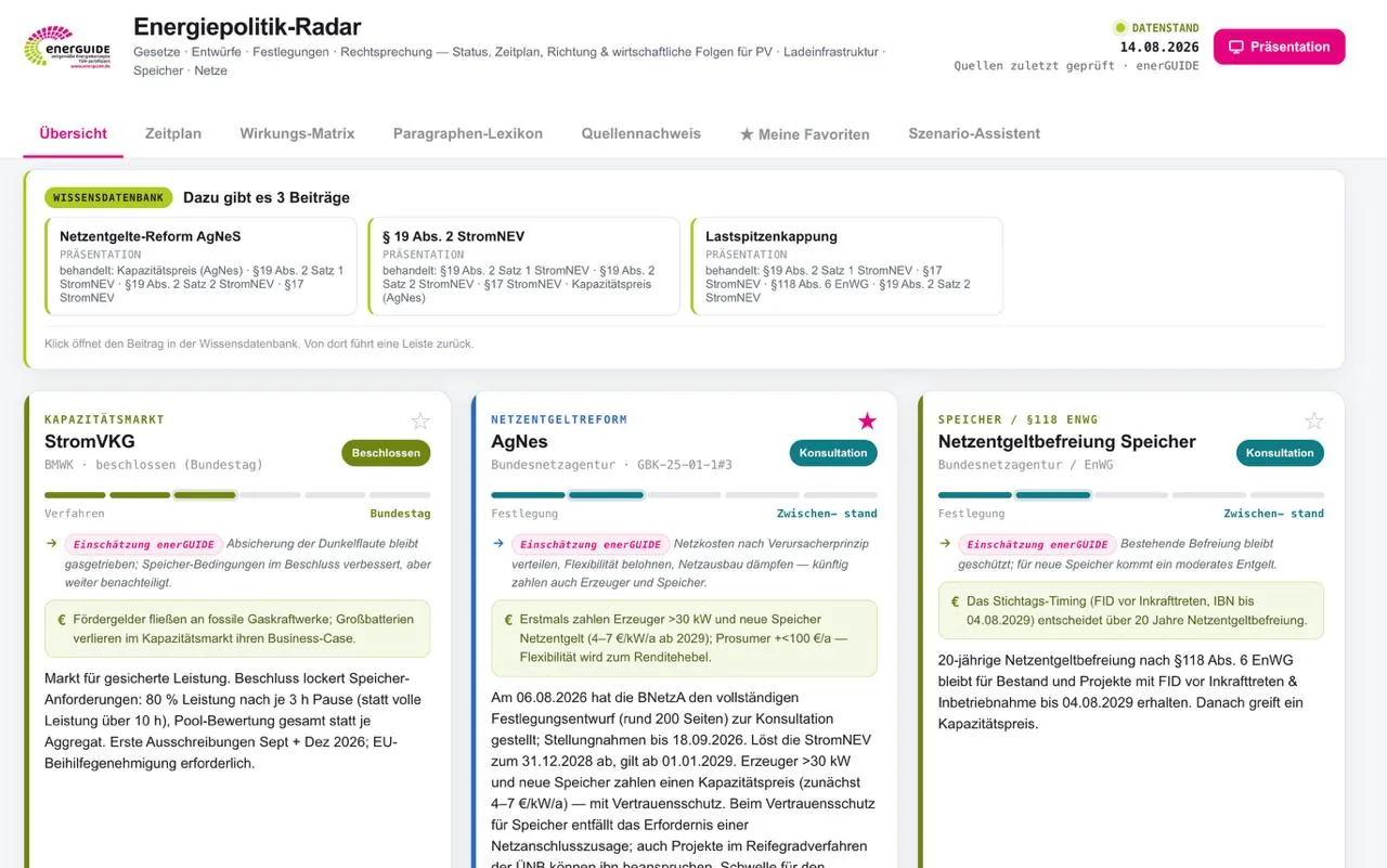 Energiepolitik-Radar-Oberfläche: Übersicht aktueller Gesetzesvorhaben mit Status, Fristen und enerGUIDE-Einschätzung