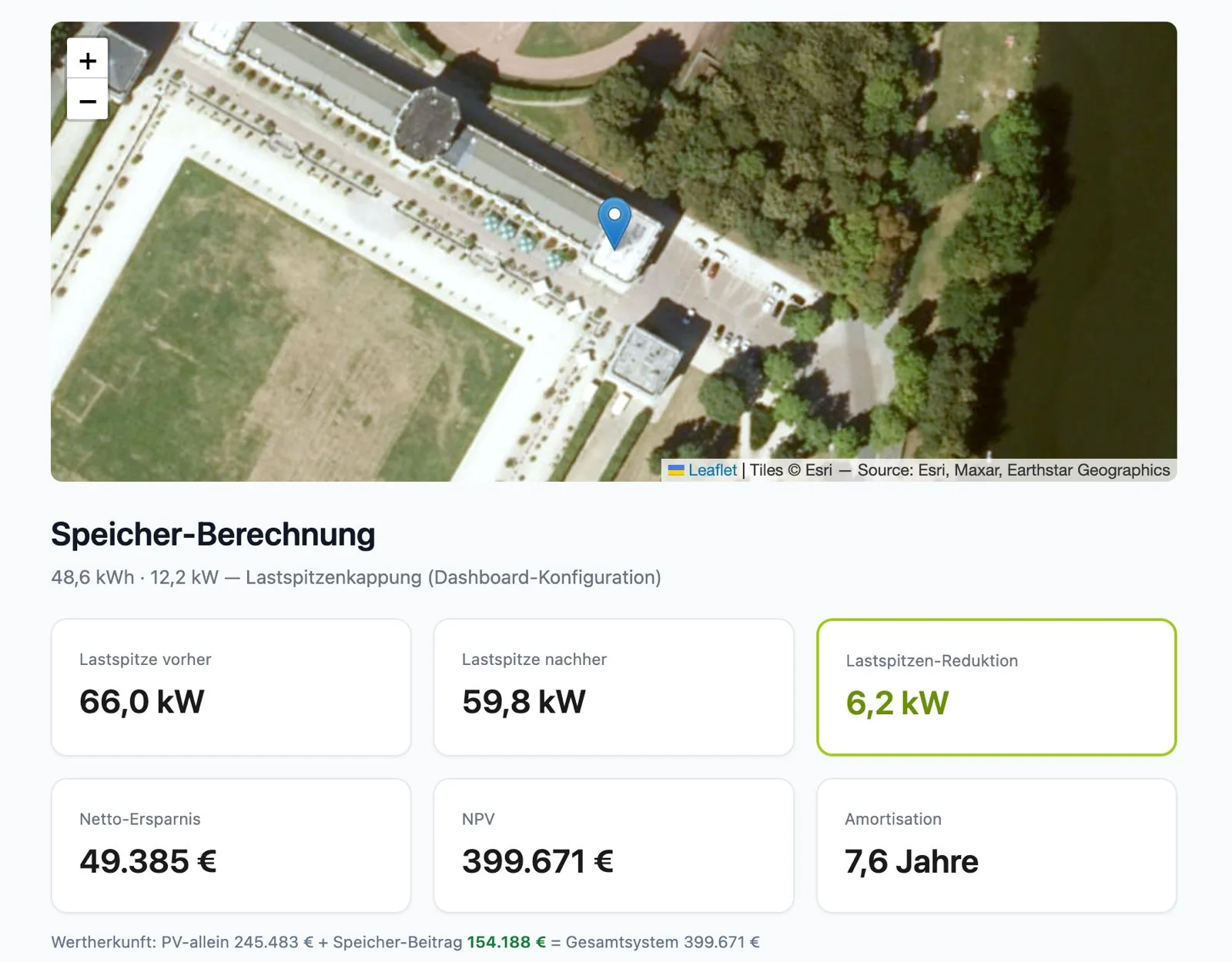 StorageValue-Pro-Oberfläche: Speicher-Berechnung mit Standortkarte, Lastspitze vorher/nachher, Netto-Ersparnis, Kapitalwert und Amortisation
